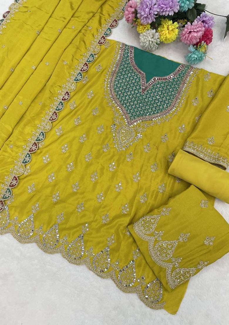 Yellow Embroidered Silk Blend Sharara Set - Indya