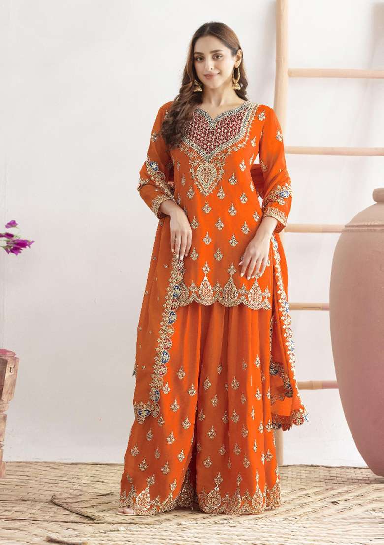 Orange Embroidered Silk Blend Sharara Set - Indya
