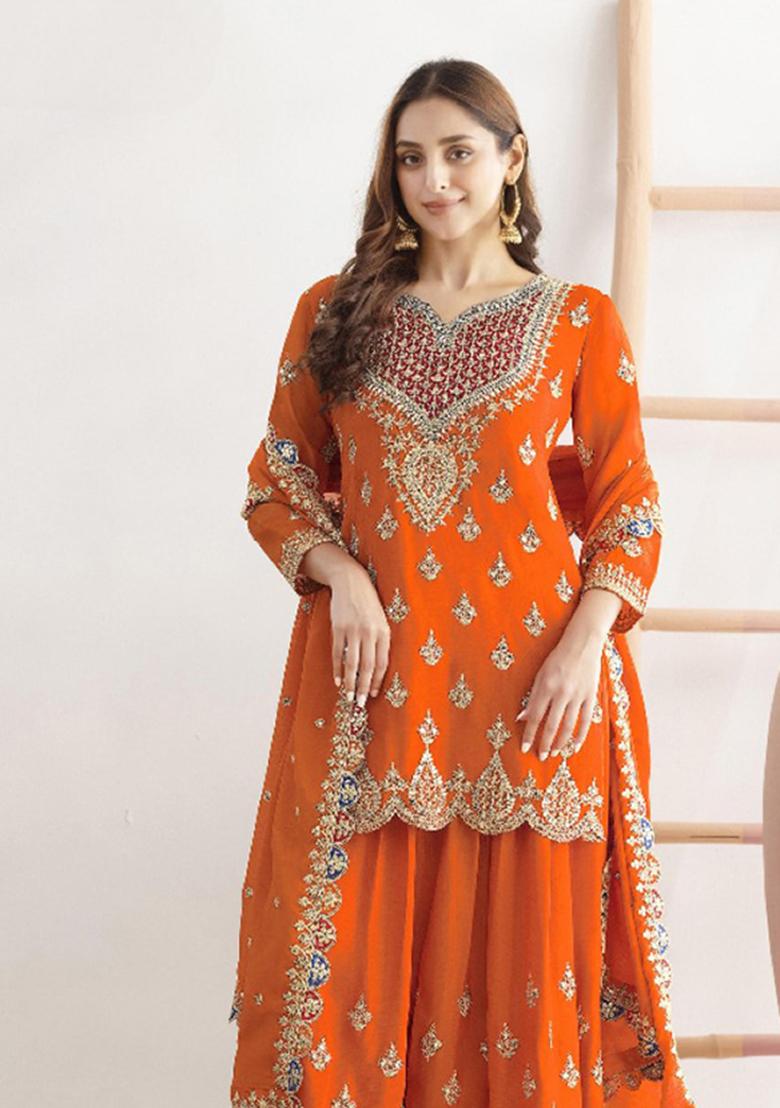 Orange Embroidery Silk Salwar Suit - Indya