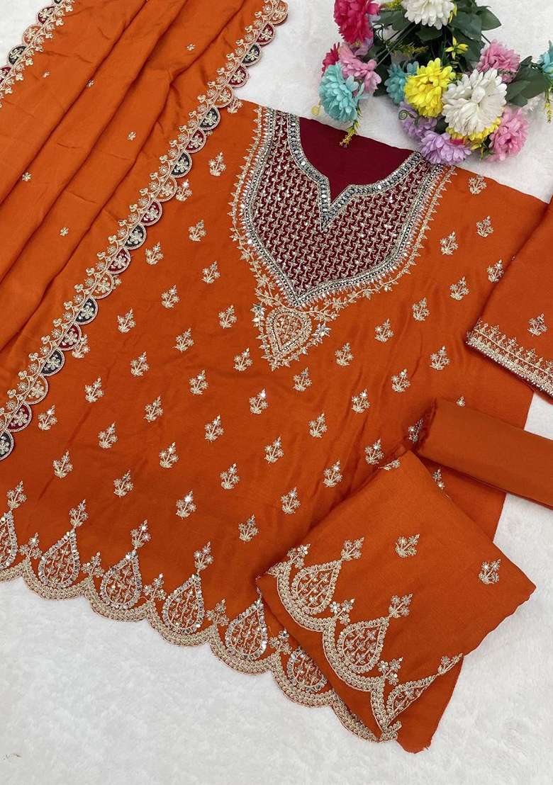 Orange Embroidered Silk Blend Sharara Set - Indya