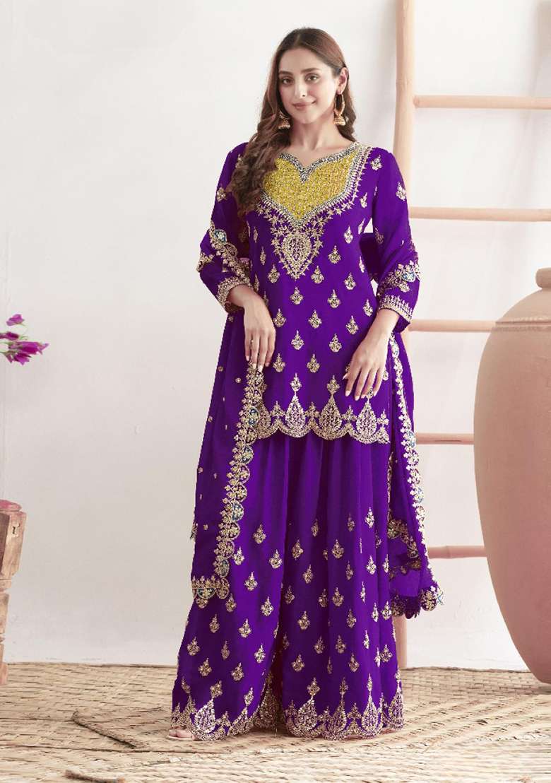 Violet Embroidered Silk Blend Sharara Set - Indya