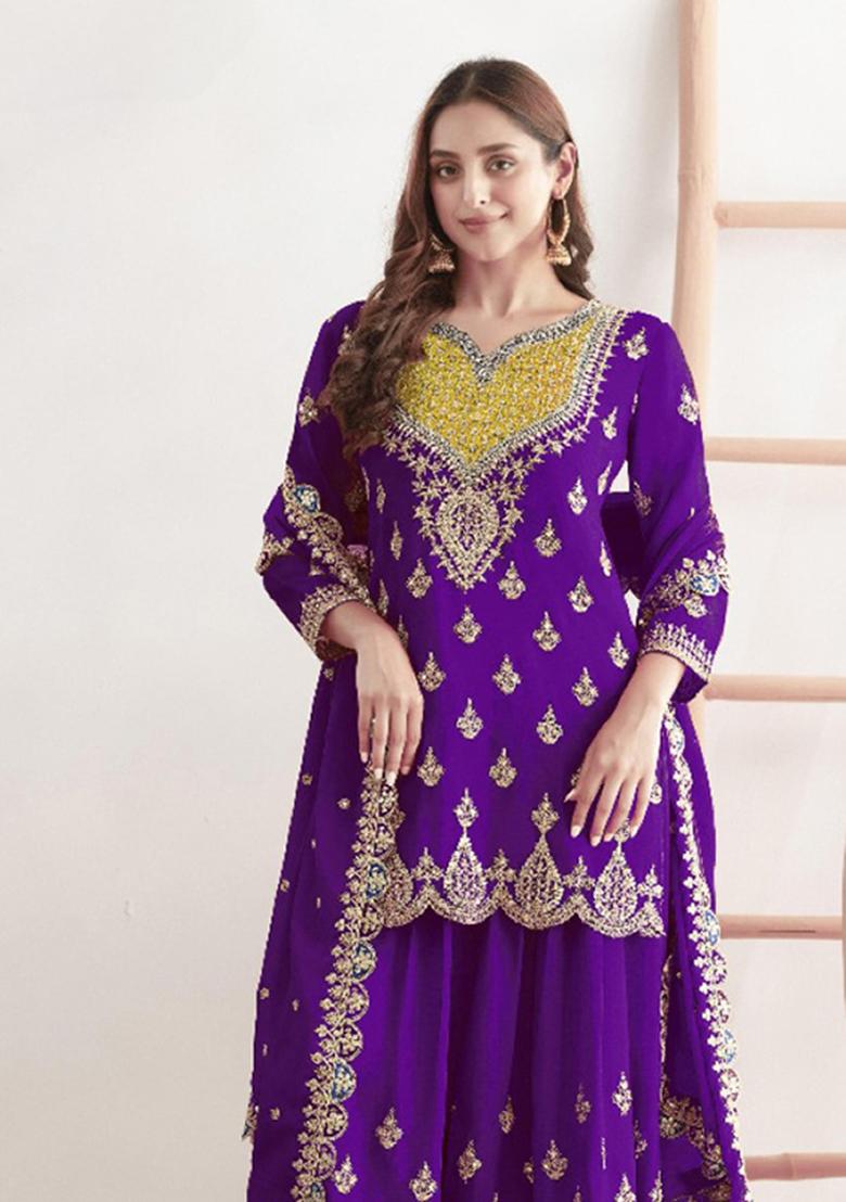 Violet Embroidery Silk Salwar Suit - Indya
