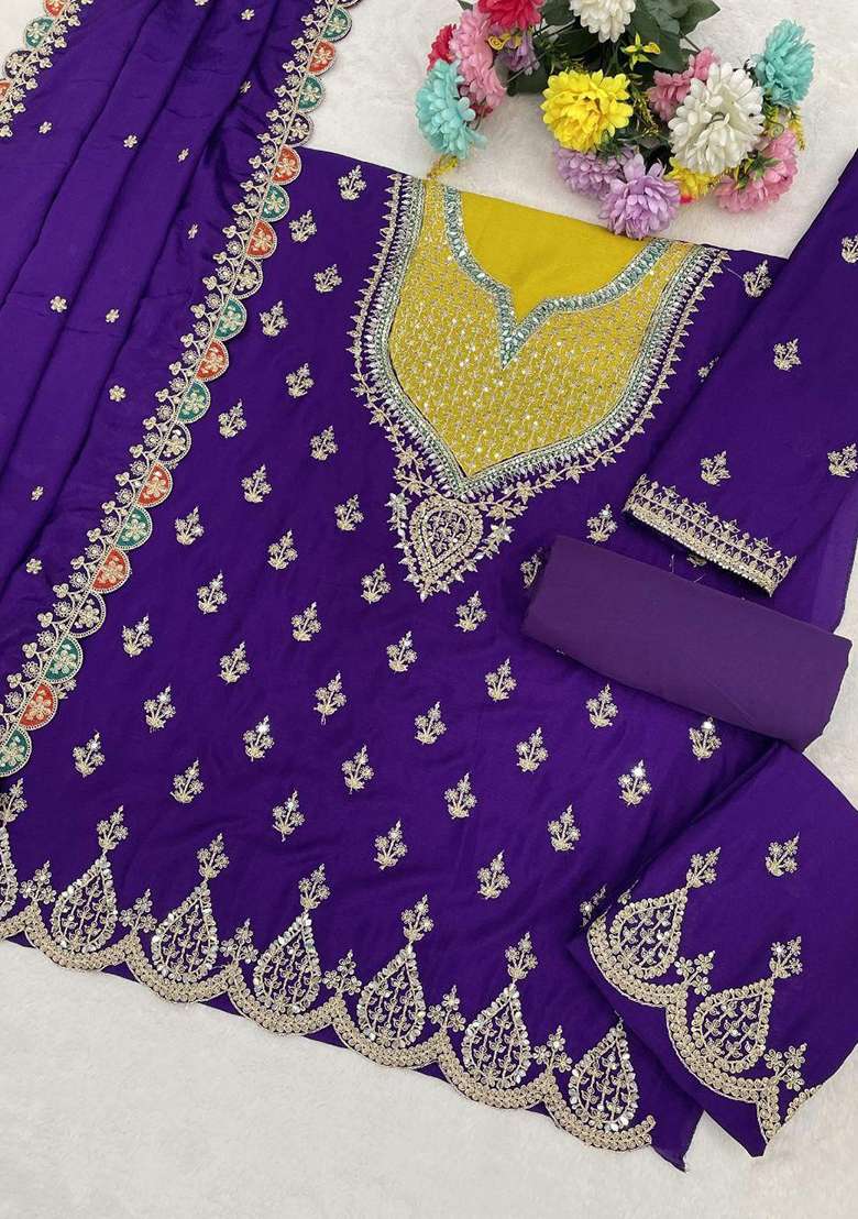 Violet Embroidered Silk Blend Sharara Set - Indya