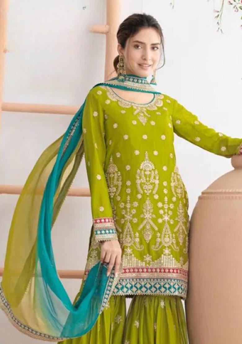 Green Embroidery Silk Salwar Suit - Indya
