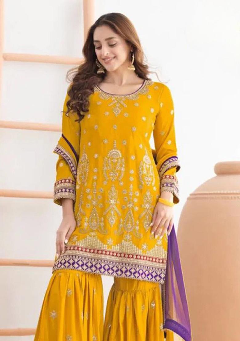Yellow Embroidery Silk Salwar Suit - Indya