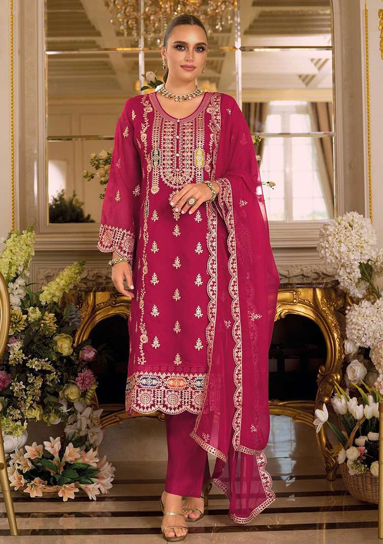 Magenta Embroidered Chinon Pakistani Suit Set - Indya