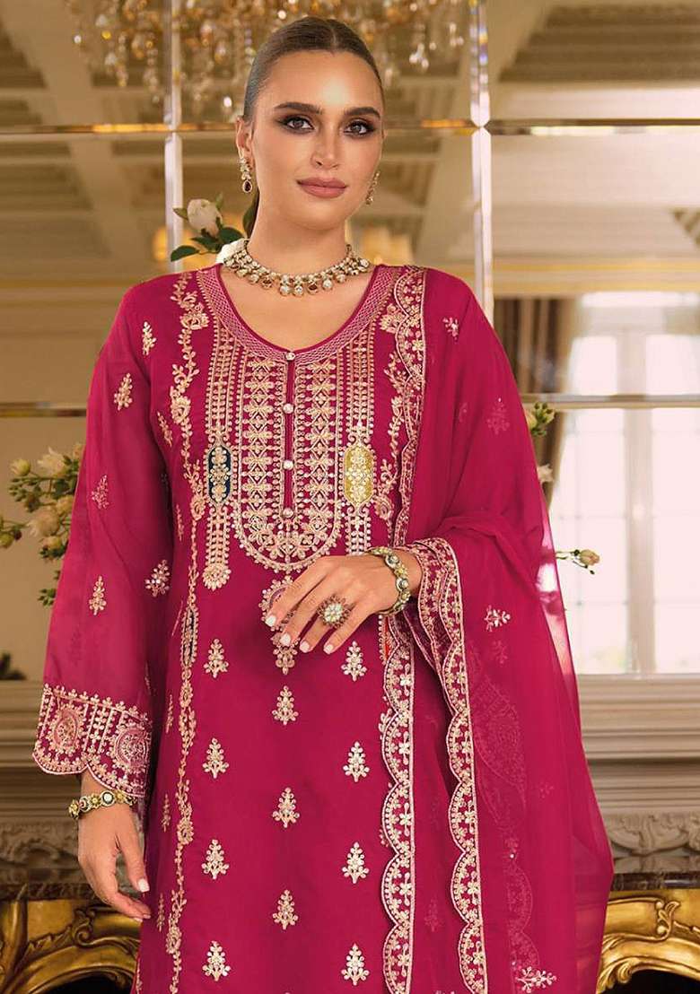 Magenta Embroidered Chinon Pakistani Suit Set - Indya