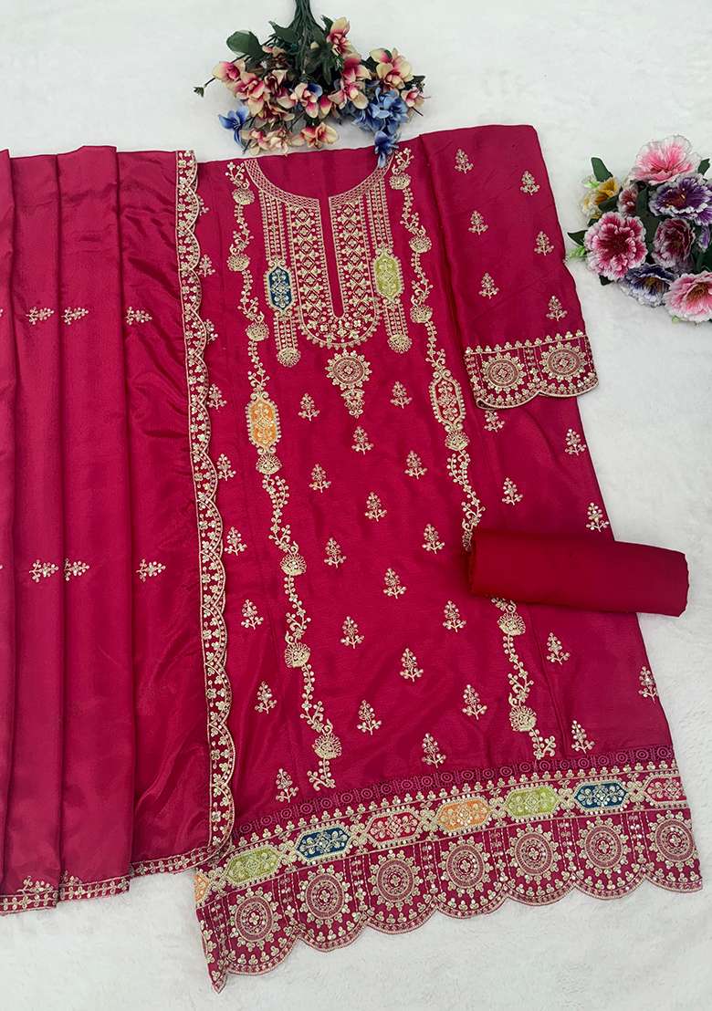 Magenta Embroidered Chinon Pakistani Suit Set - Indya