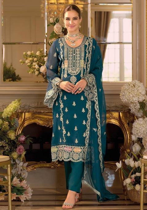 Teal Blue Embroidery Chinon Kurta Set