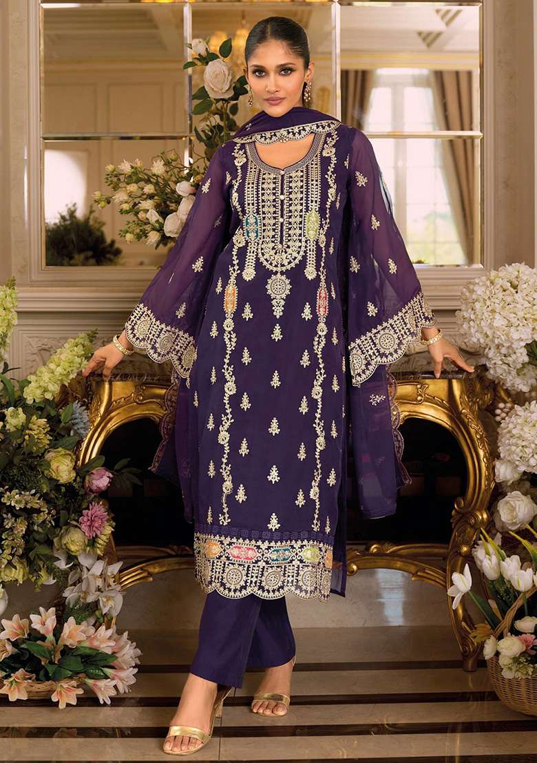 Purple Embroidered Chinon Pakistani Suit Set - Indya