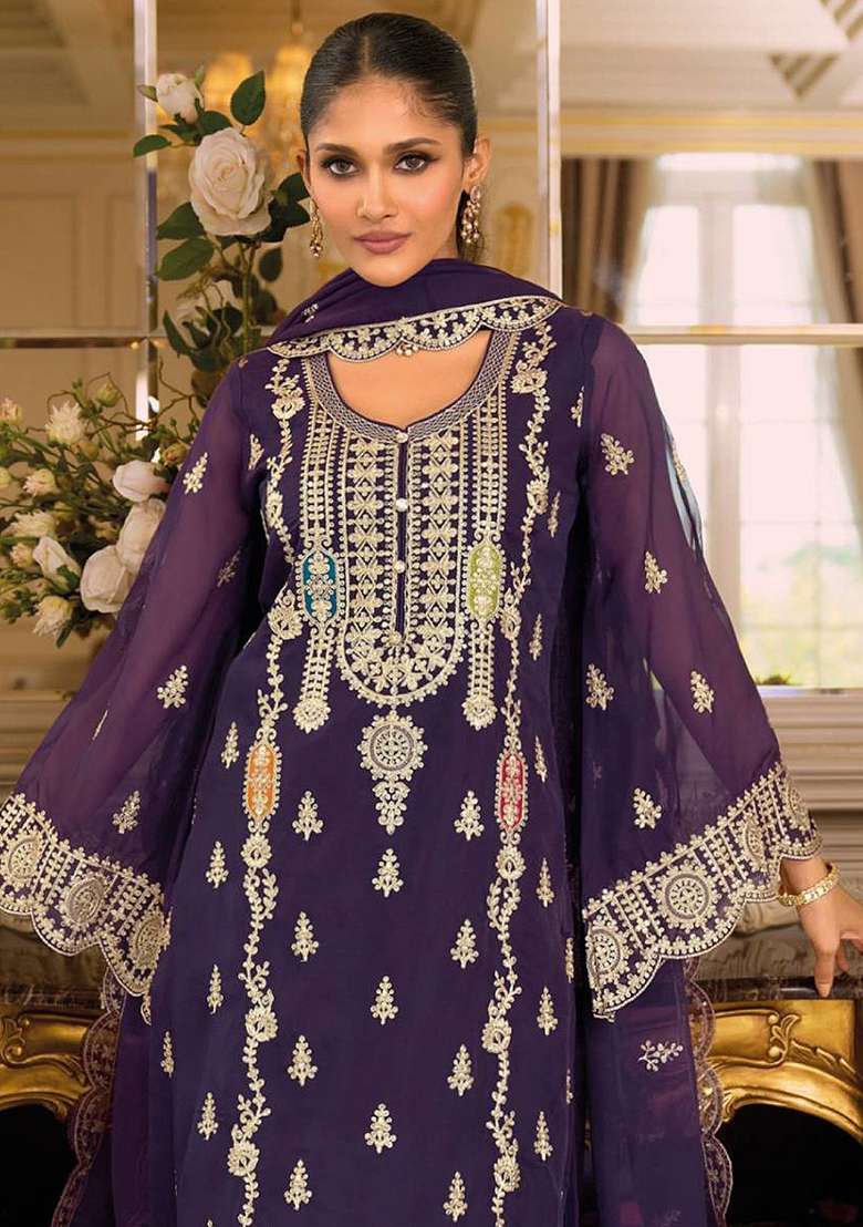 Purple Embroidered Chinon Pakistani Suit Set - Indya