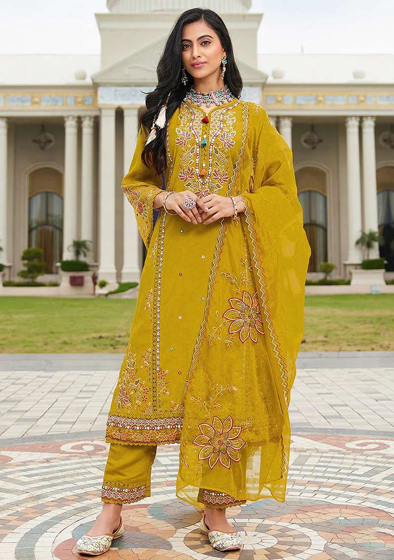 Yellow Embroidered Cotton Pakistani Suit Set - Indya