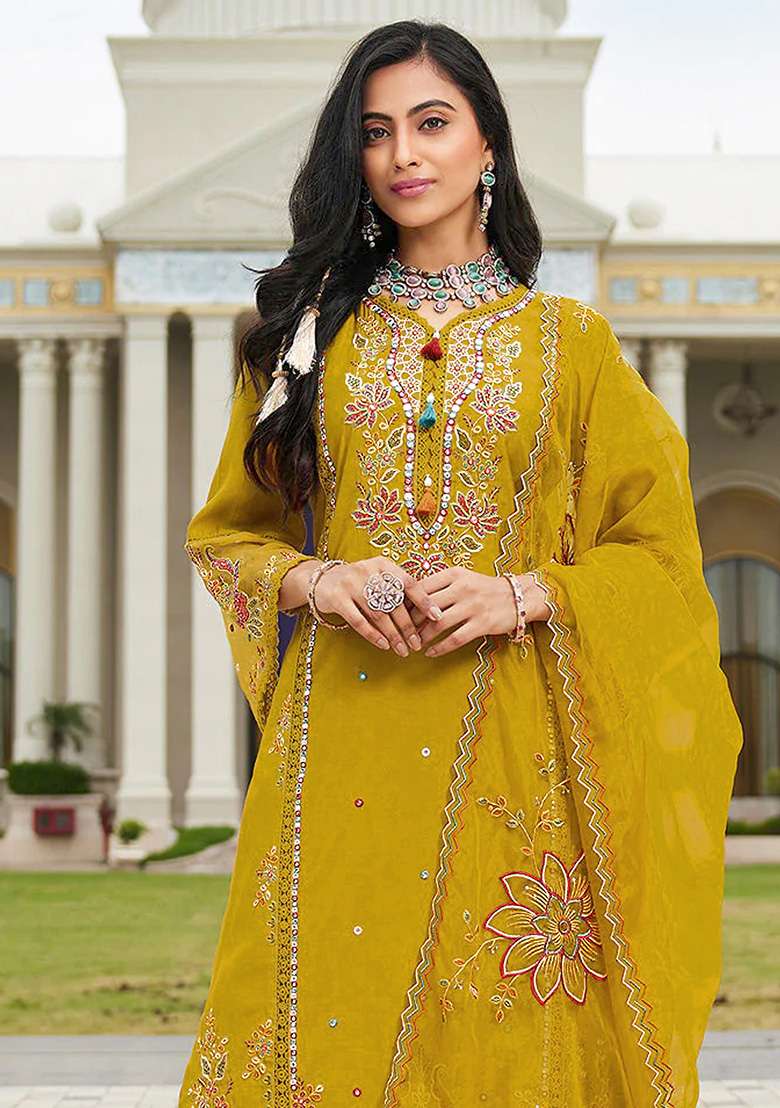 Yellow Embroidered Cotton Pakistani Suit Set - Indya