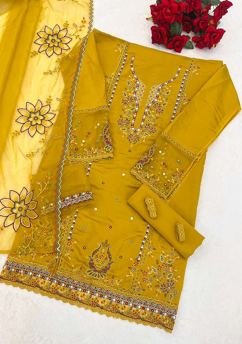 Yellow Embroidered Cotton Pakistani Suit Set - Indya