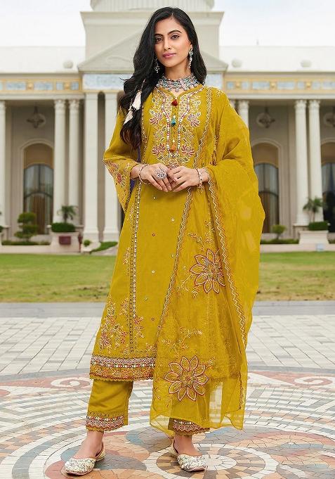 Yellow Embroidered Cotton Pakistani Suit Set