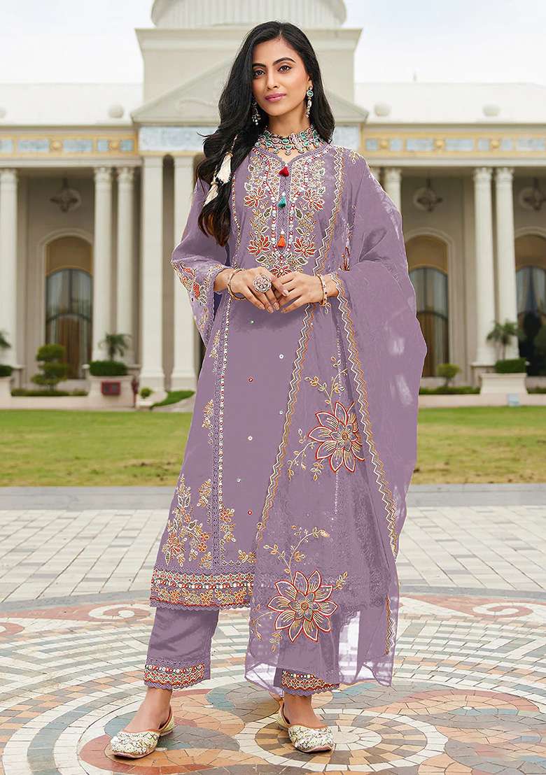 Purple Embroidered Cotton Pakistani Suit Set - Indya