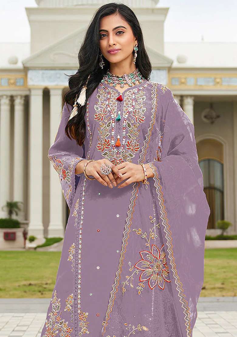 Purple Embroidered Cotton Pakistani Suit Set - Indya