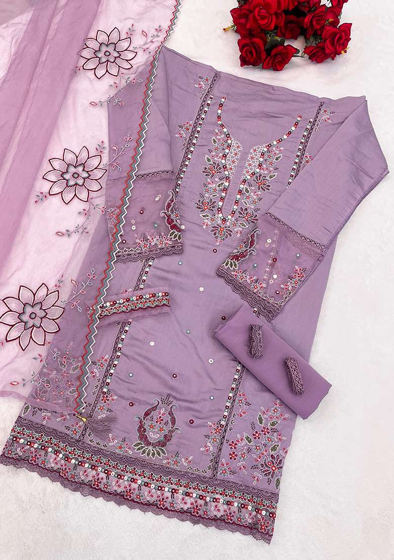 Purple Embroidered Cotton Pakistani Suit Set - Indya