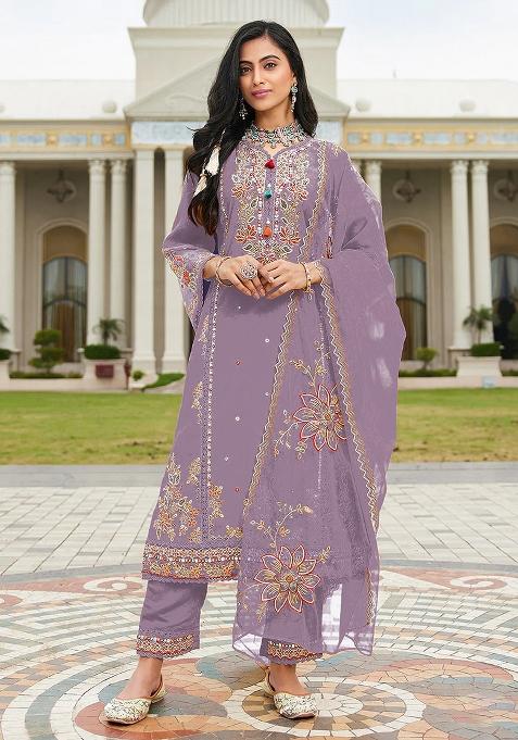 Purple Embroidery Cotton Kurta Set