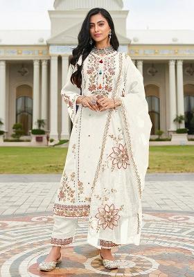 White Embroidered Cotton Pakistani Suit Set