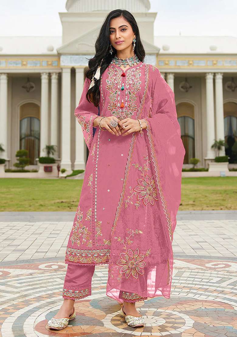 Pink Embroidered Cotton Pakistani Suit Set - Indya