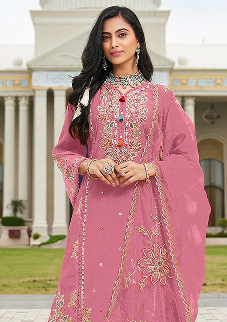 Pink Embroidered Cotton Pakistani Suit Set - Indya