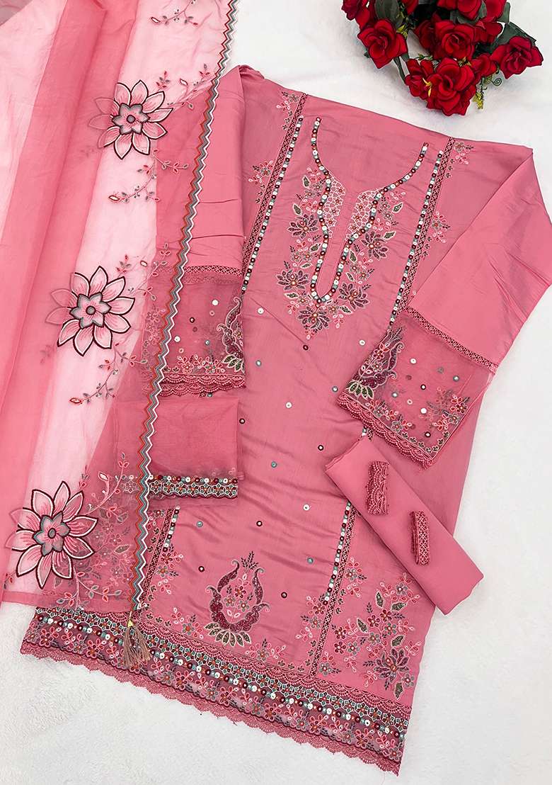 Pink Embroidered Cotton Pakistani Suit Set - Indya