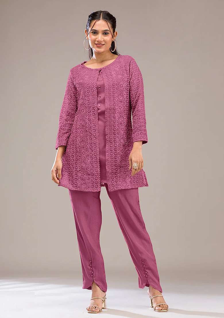 Pink Chikankari Georgette Co Ord Set - Indya