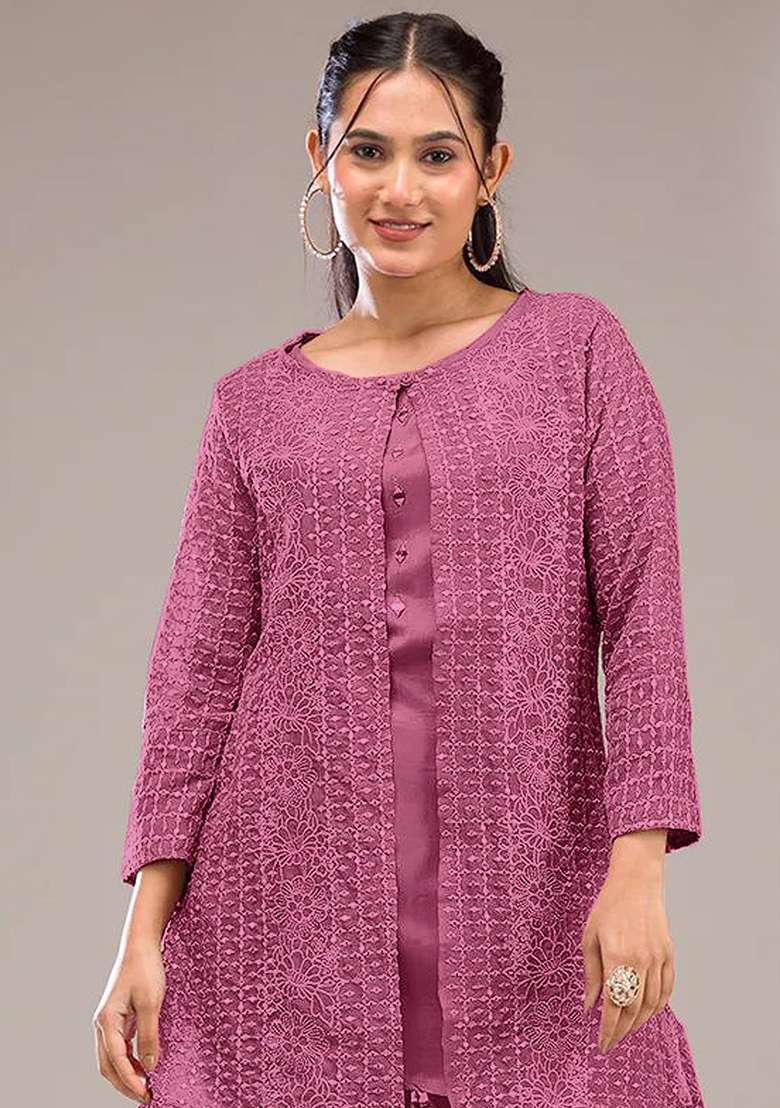 Pink Chikankari Georgette Co Ord Set - Indya
