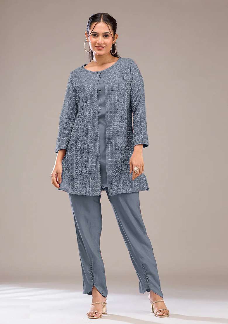Grey Chikankari Georgette Co Ord Set - Indya