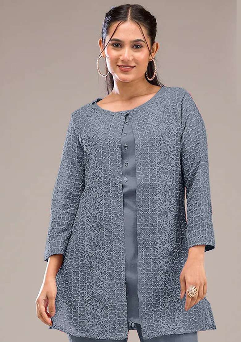 Grey Chikankari Georgette Co Ord Set - Indya