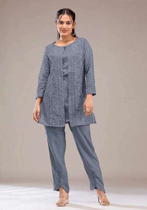 Grey Embroidery Georgette Kurta Set