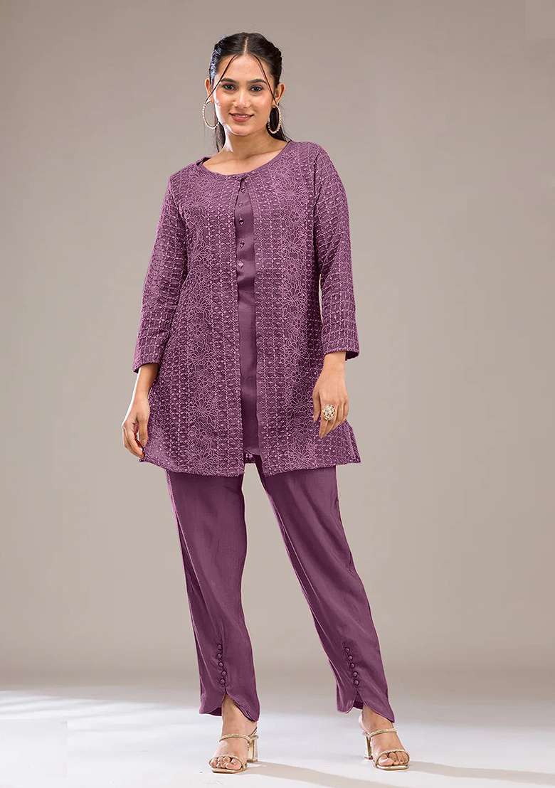 Purple Printed Georgette Co Ord Set - Indya