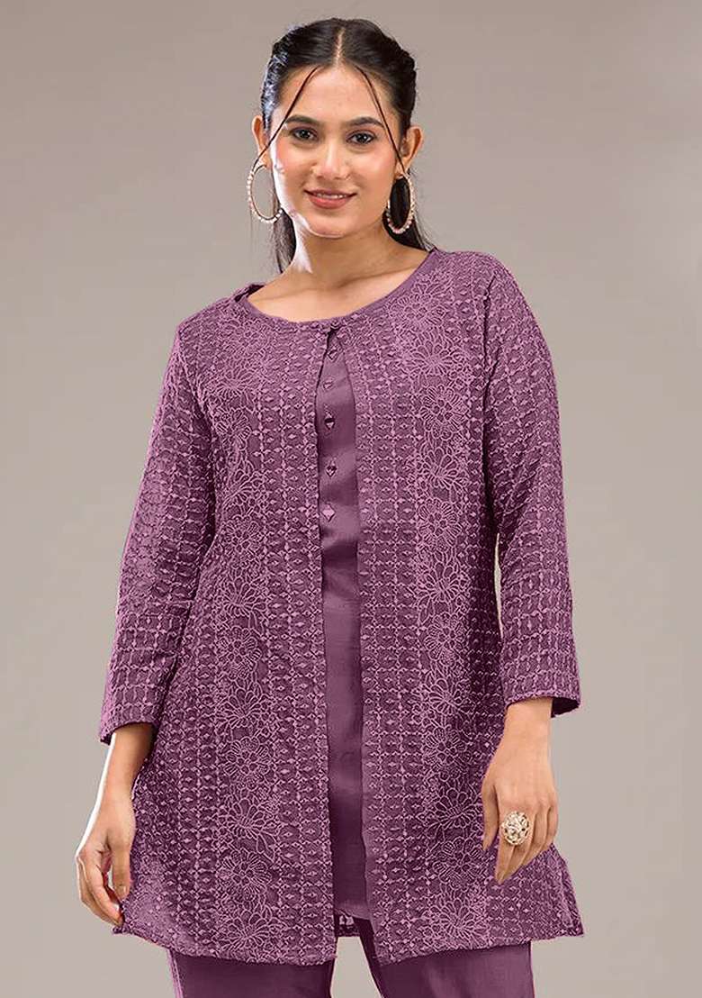 Purple Printed Georgette Co Ord Set - Indya