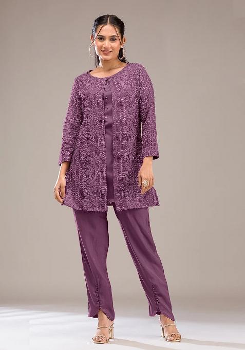 Purple Embroidery Georgette Kurta Set