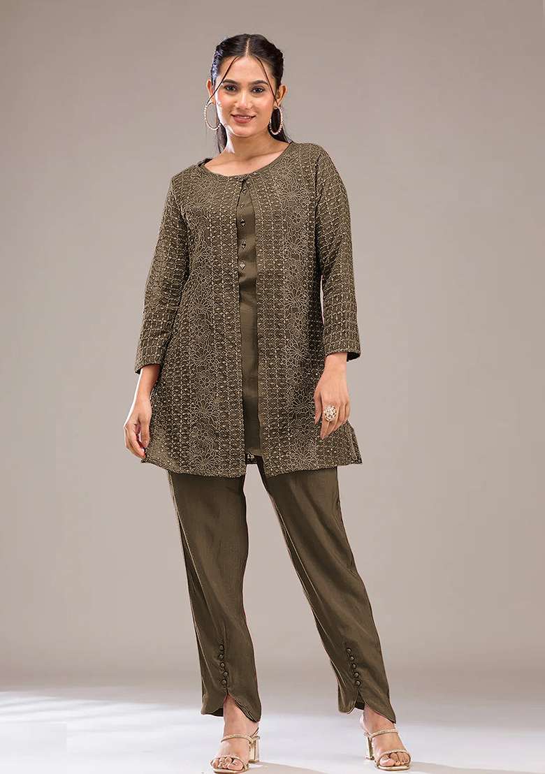 Green Printed Georgette Co Ord Set - Indya