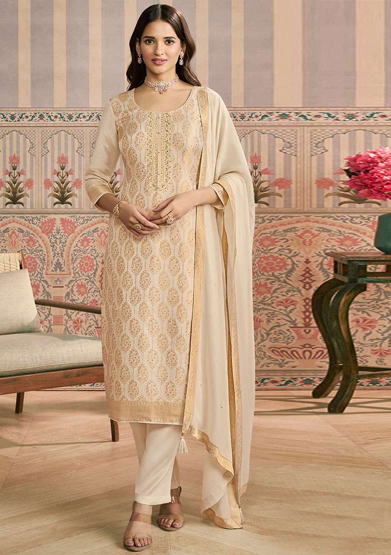 White Jacquard Viscose Straight Kurta Set - Indya