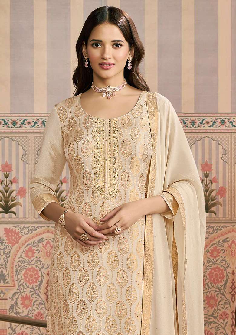 White Jacquard Viscose Straight Kurta Set - Indya