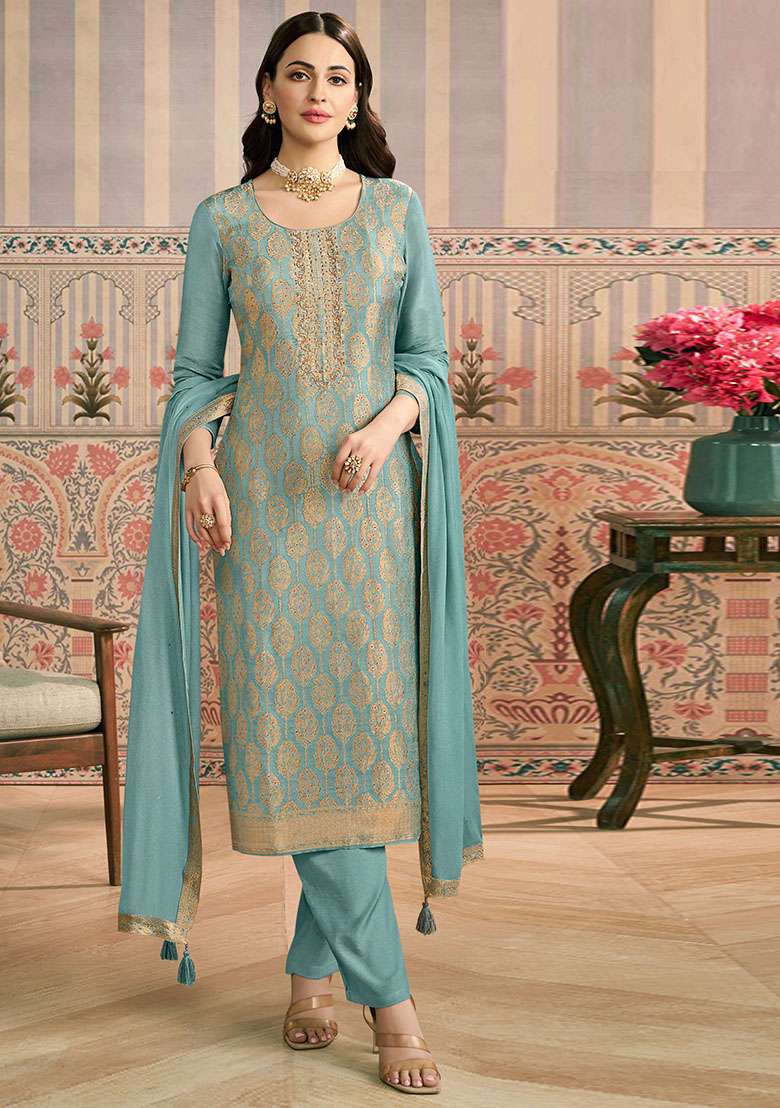 Sky Blue Zari Work Viscose Straight Kurta Set - Indya