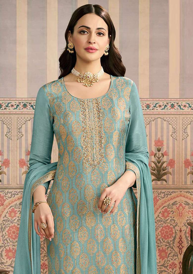 Sky Blue Zari Work Viscose Straight Kurta Set - Indya