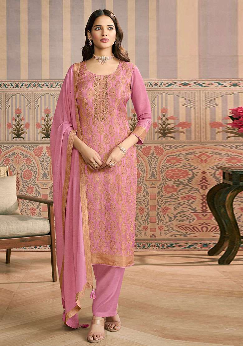 Pink Jacquard Viscose Straight Kurta Set - Indya