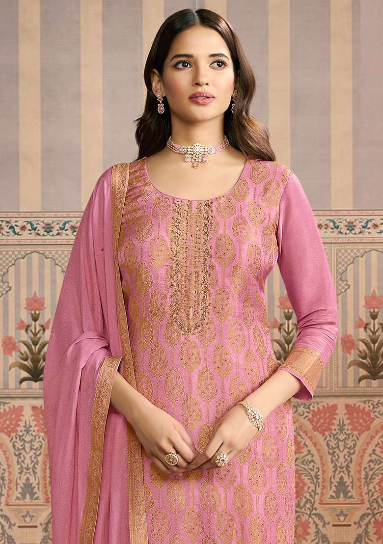 Pink Jacquard Viscose Straight Kurta Set - Indya