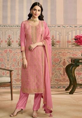 Peach Embroidery Viscose Kurta Set