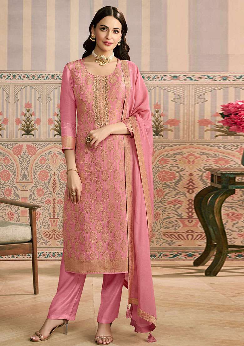 Peach Jacquard Viscose Straight Kurta Set - Indya