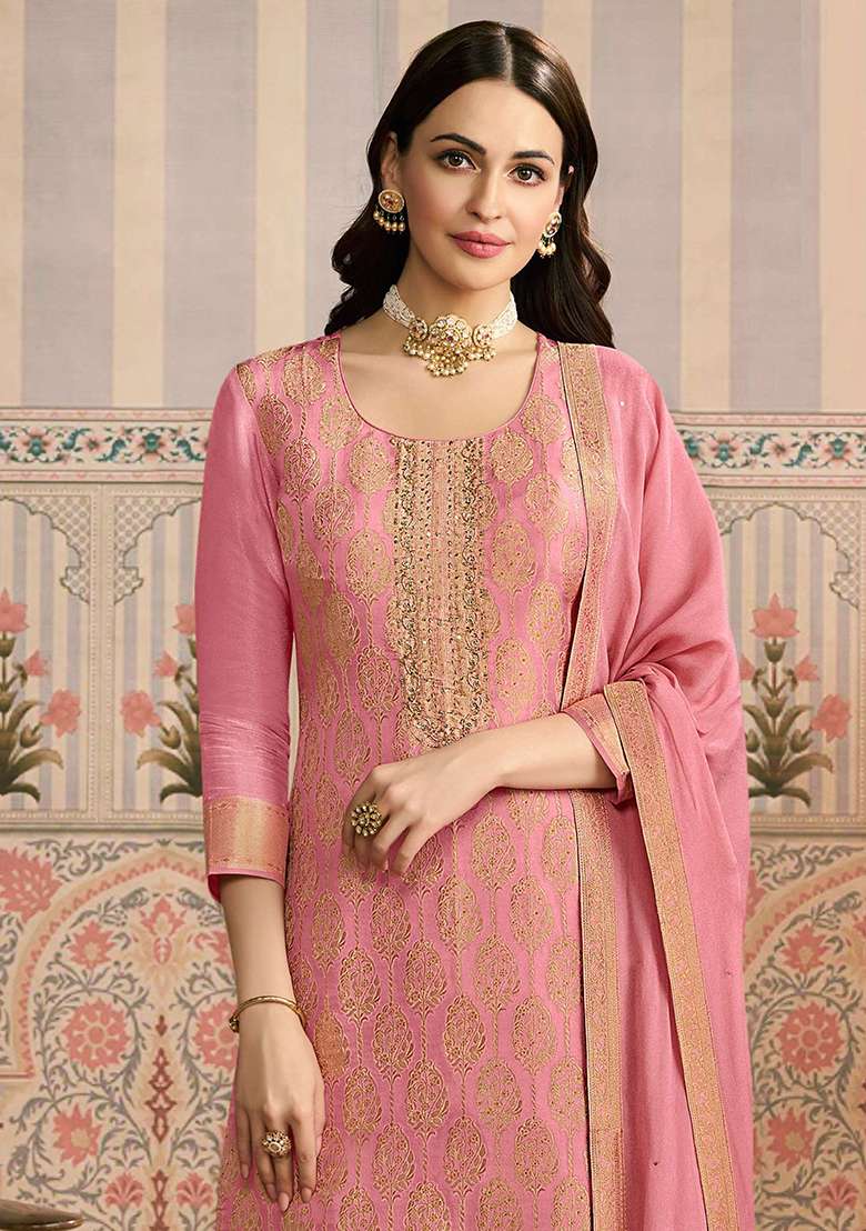 Peach Jacquard Viscose Straight Kurta Set - Indya