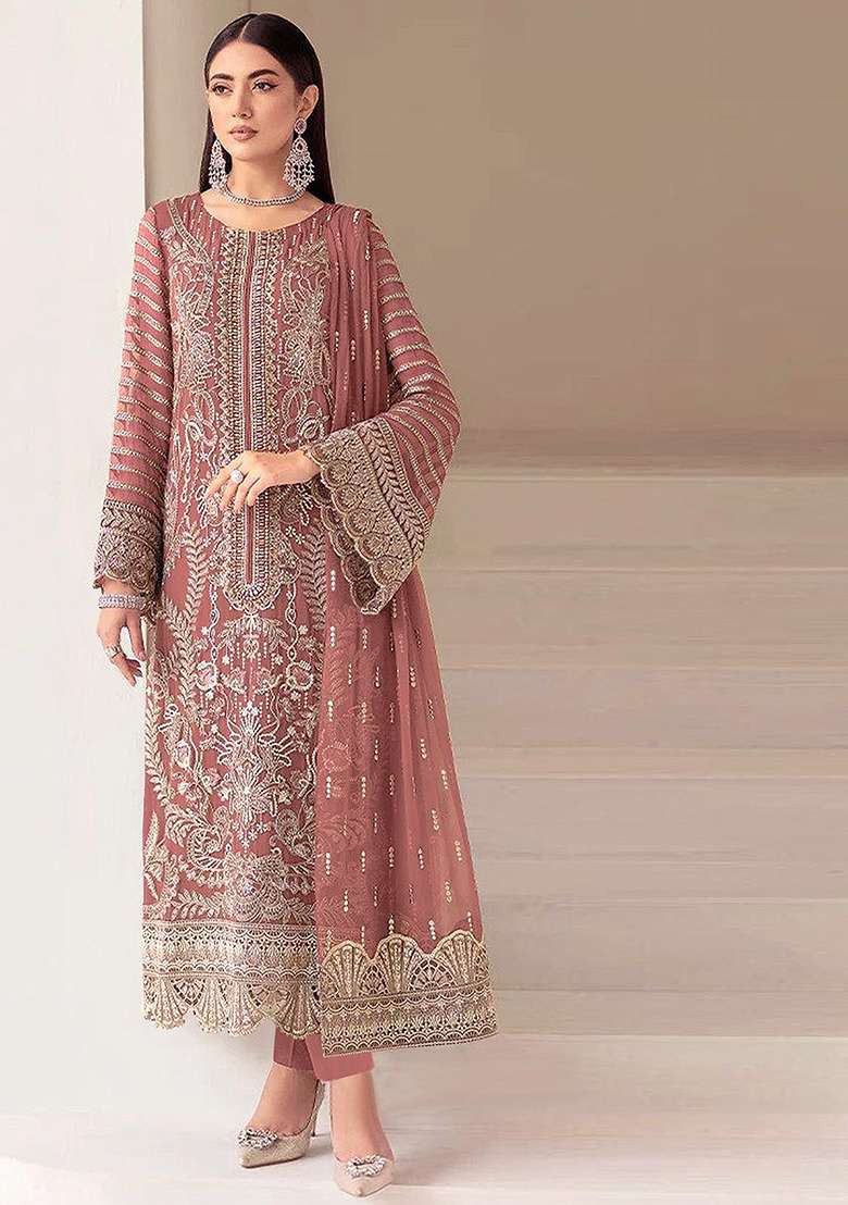Badami Embroidered Georgette Pakistani Suit Set - Indya