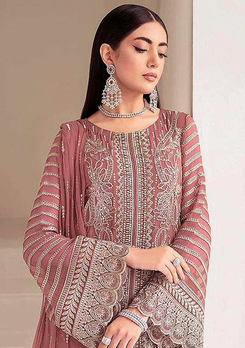 Badami Embroidered Georgette Pakistani Suit Set - Indya