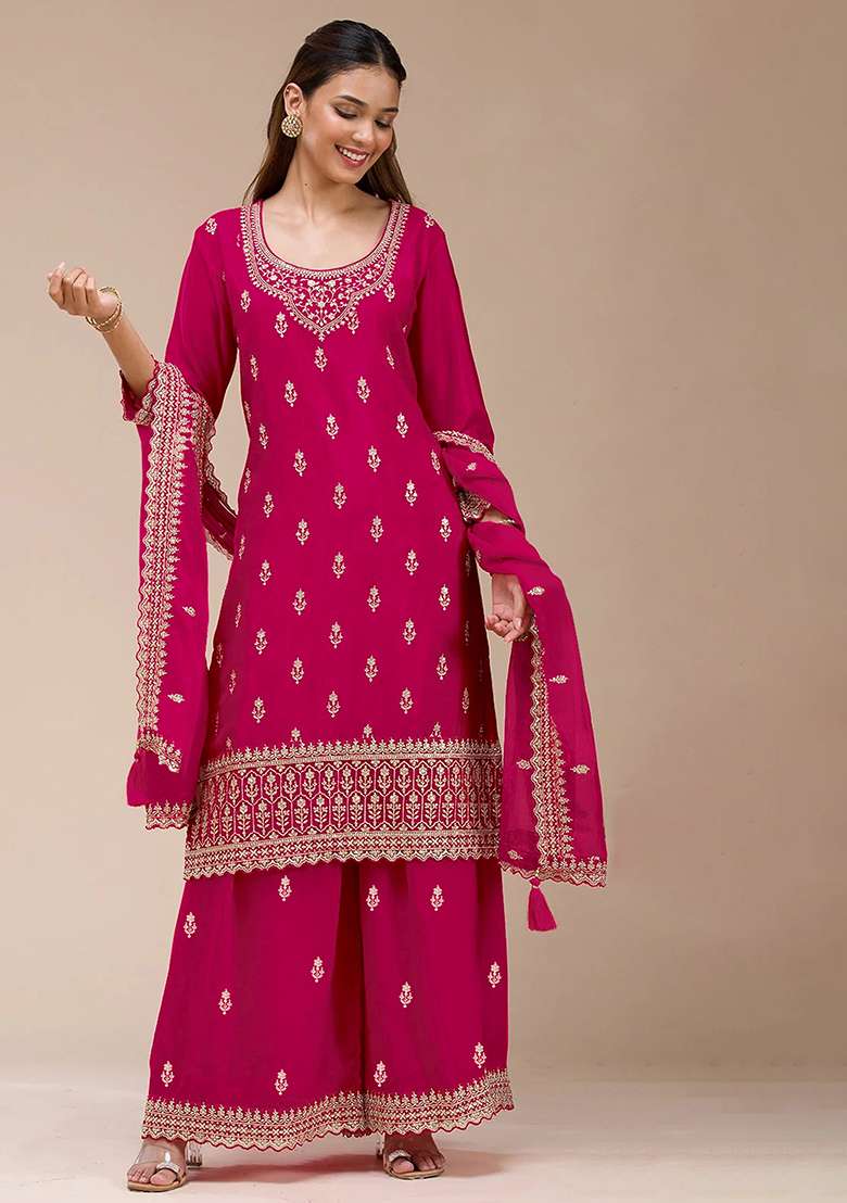 Red Embroidered Georgette Sharara Set - Indya