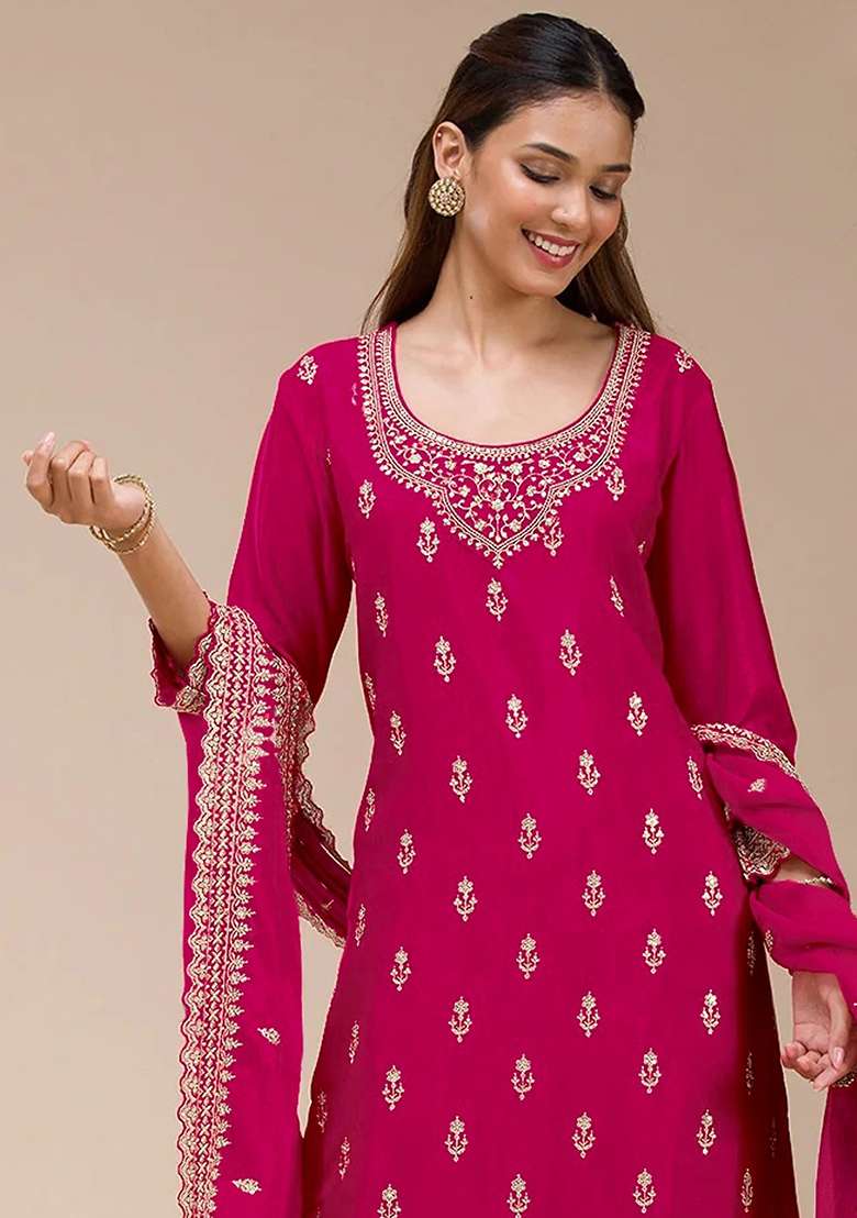 Red Embroidered Georgette Sharara Set - Indya