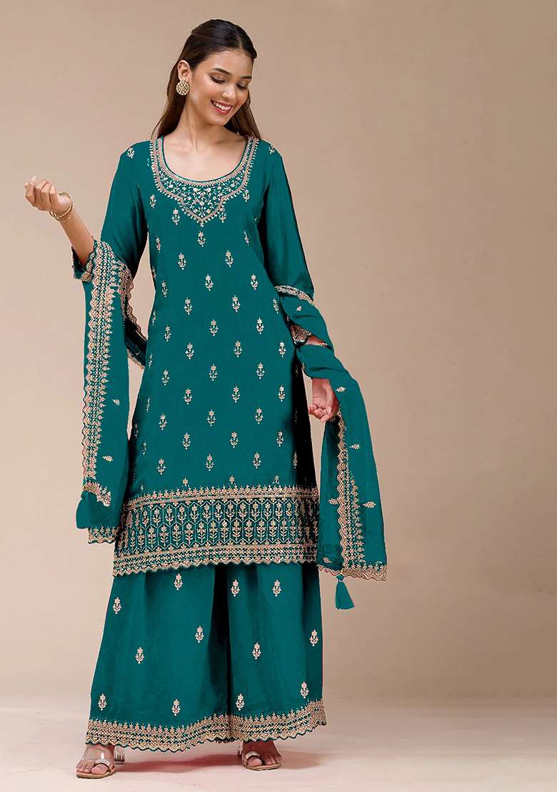 Teal Blue Embroidered Georgette Sharara Set - Indya